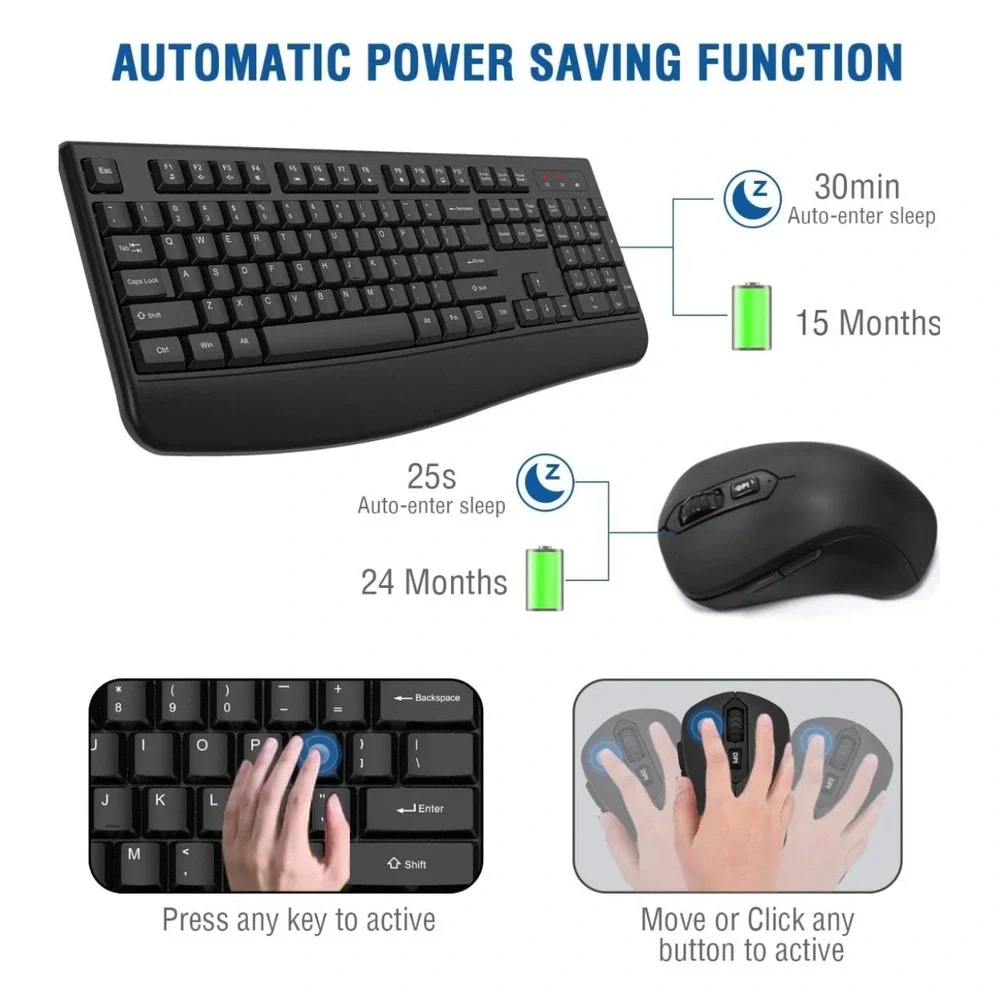 Wireless Keyboard and Mouse Combo, 2.4G Full-Sized Ergonomic Computer Keyboard